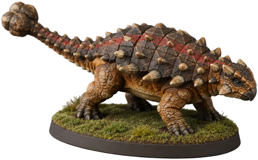 Miniatur ankylosaurus berpelat dengan gada di ujung ekor.