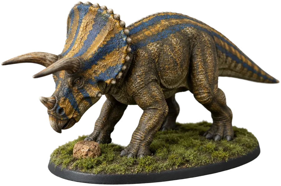 Miniatur ceratopsia bertanduk tiga dengan jumbai bergaris oker dan biru.