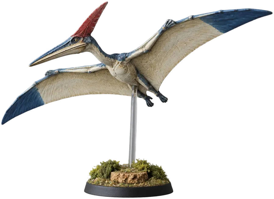 Miniatur pterosaurus bersayap krem berujung biru di tiang akrilik.