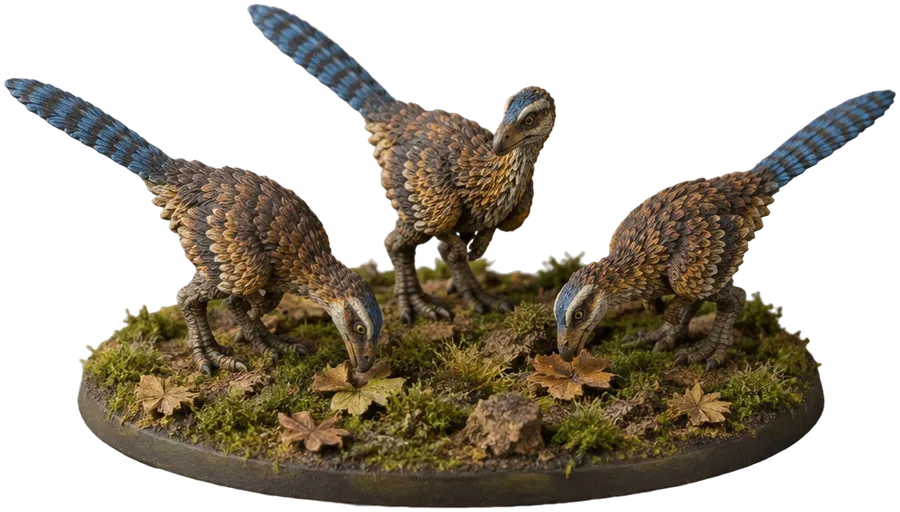 Tiga miniatur dinosaurus kecil berbulu cokelat dan biru mematuk daun.