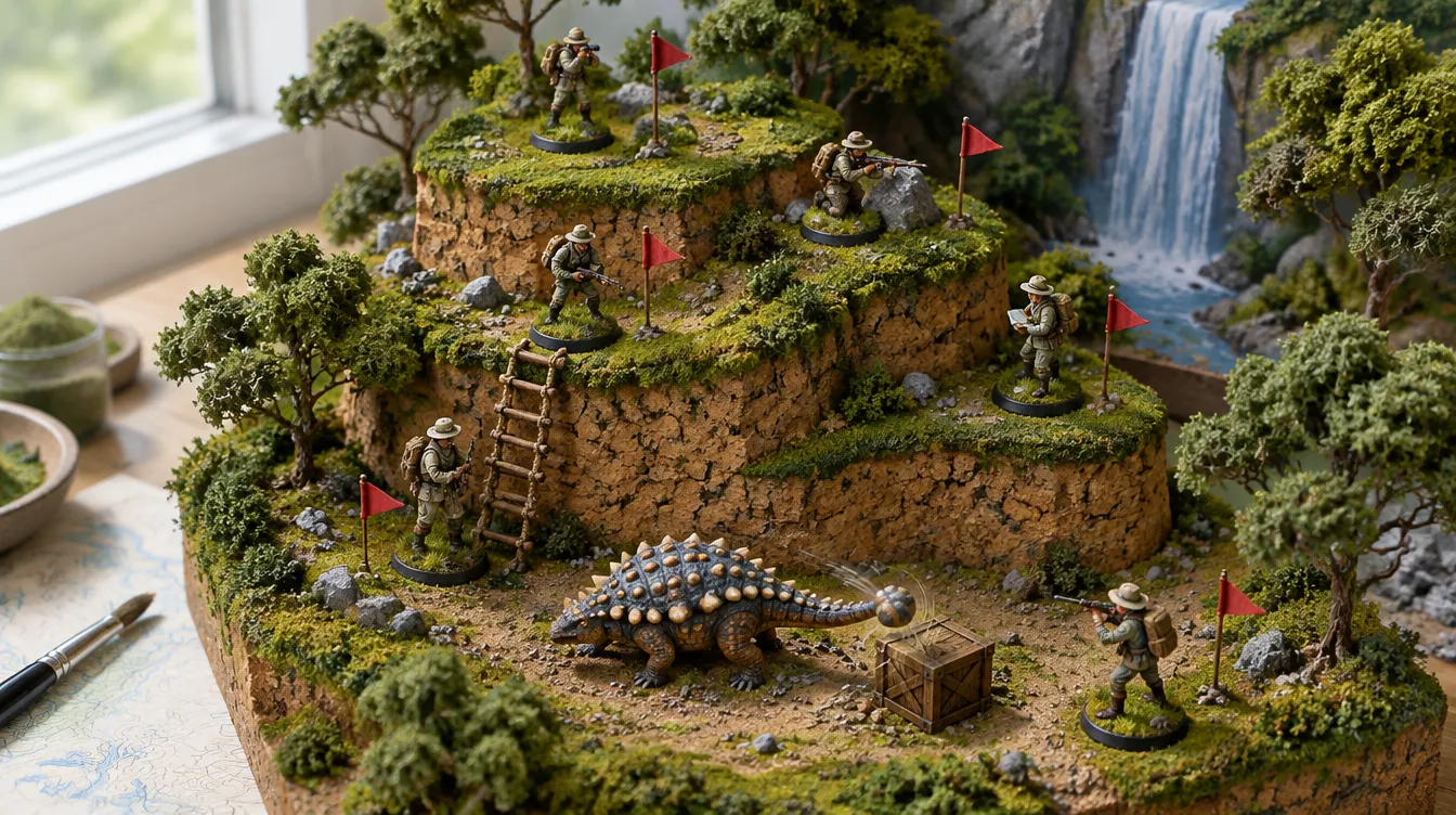 Tangkapan in-game, sudut isometrik: teras tebing gabus tiga tingkat, enam penjelajah di tingkat berbeda dengan bendera merah, tangga tali, dan ankylosaurus yang mengayunkan ekor ke peti bekal.