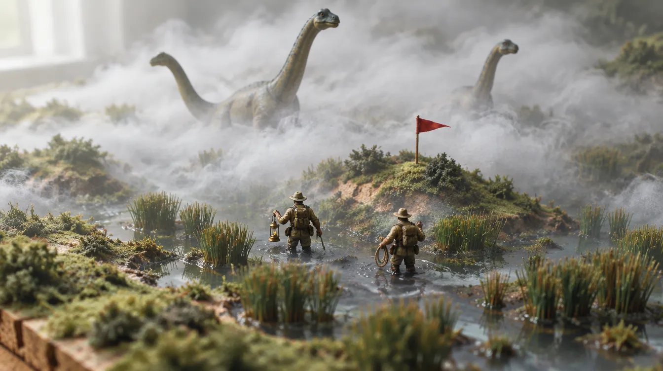 Tangkapan in-game: rawa berkabut kapas, leher sauropoda muncul di belakang, dua penjelajah mengarungi air dengan lentera.