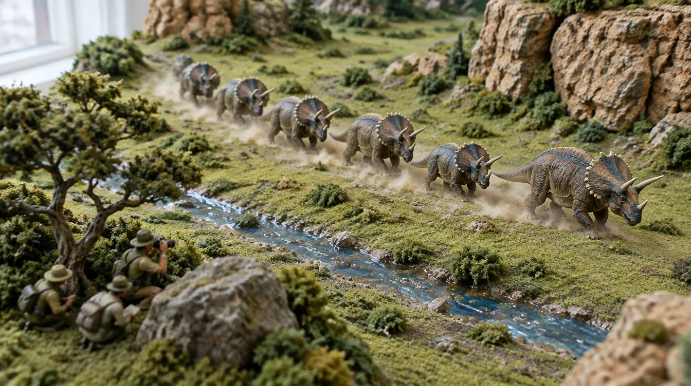 Tangkapan in-game: tujuh ceratopsia berjalan berbaris melintasi lembah flock hijau, tiga penjelajah bersembunyi di balik pohon dan batu.
